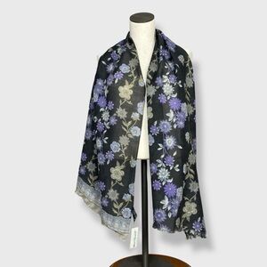 Vivante Scarf Floral Gray Gauzy Viscose Wool FLAWS NWT Raw Edge‎ Fringe Boho